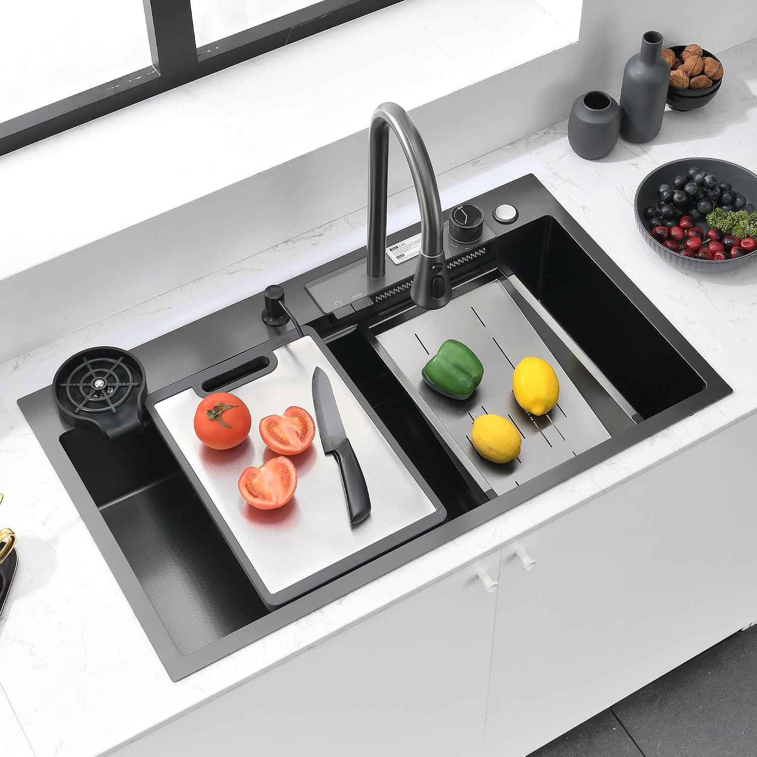 27' x 18' Black-Gray Waterfall Kitchen Sink, Drop In Stainless Steel Modern Single Bowl Sink with Pull-Out Spray Faucet, Cup Washer & Accessories