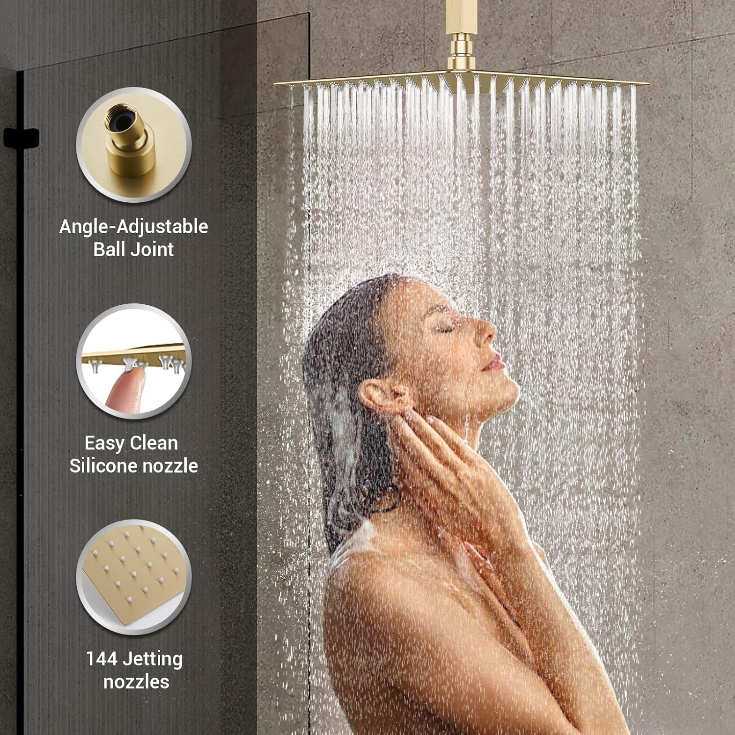 DASAN Full Body Shower System with 6 PCS Body Spray Jets & 12'' Rain Shower Head & Handheld, Ceiling Mount Rain Shower System Brushed Gold Shower Faucets Sets Complete with Valve, SA-SS03ABG-S12C