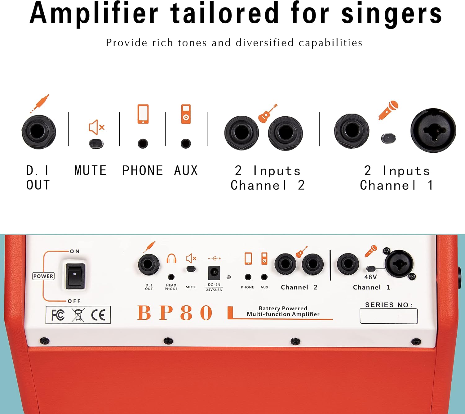 Coolmusic BP80 Battery Powered Acoustic Guitar Amplifier- Portable Bluetooth Speaker 100W, 6 Inputs,3 Band EQ,Orange