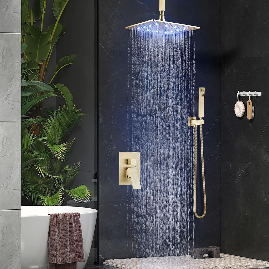 Aolemi Ceiling Mount Shower Faucet Set with Handheld Spray High Pressure Shower Faucets Sets Complete Rough-in Valve and Shower Trim Kit System Included Rainfall Brushed Gold 12 Inch LED Shower Head