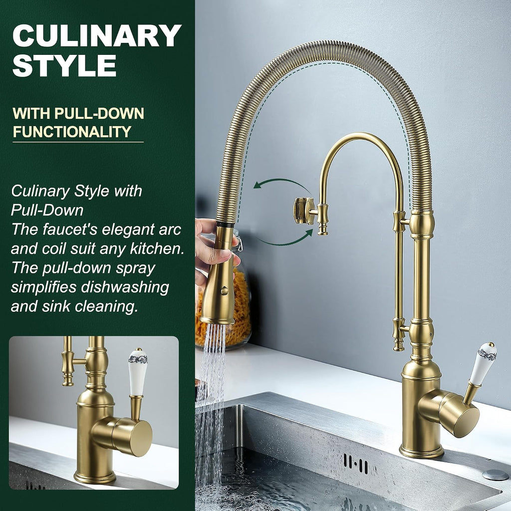 Antique High Arc Classical Single Handle Spring Kitchen Faucet with Pull Down Sprayer, Swiveling Commercial Kitchen Sink Faucets for Farmhouse, Vintage Sink Faucet, Brushed Gold