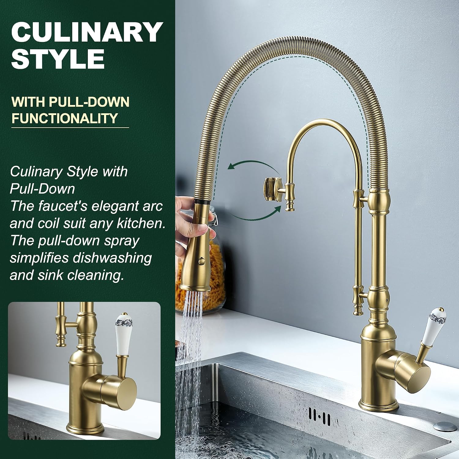 Antique High Arc Classical Single Handle Spring Kitchen Faucet with Pull Down Sprayer, Swiveling Commercial Kitchen Sink Faucets for Farmhouse, Vintage Sink Faucet, Brushed Gold