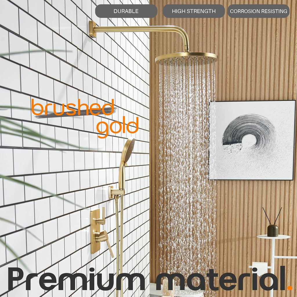 Bathroom Shower Trim Kit with 10'' High Pressure Rain Shower Head, 3-Function Handheld Spray and Valve Included, Wall Mounted Gold Finish SF001GD-D10