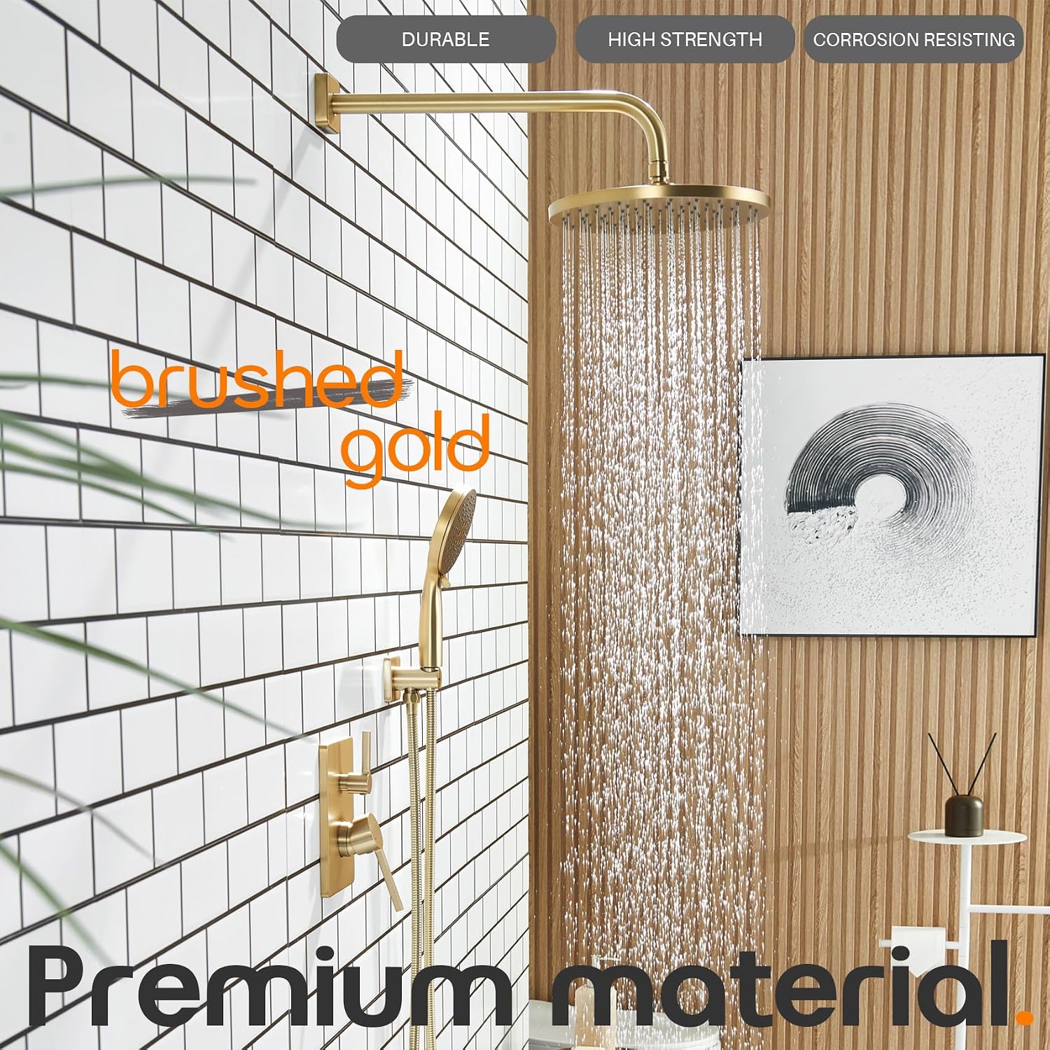 Bathroom Shower Trim Kit with 10'' High Pressure Rain Shower Head, 3-Function Handheld Spray and Valve Included, Wall Mounted Gold Finish SF001GD-D10