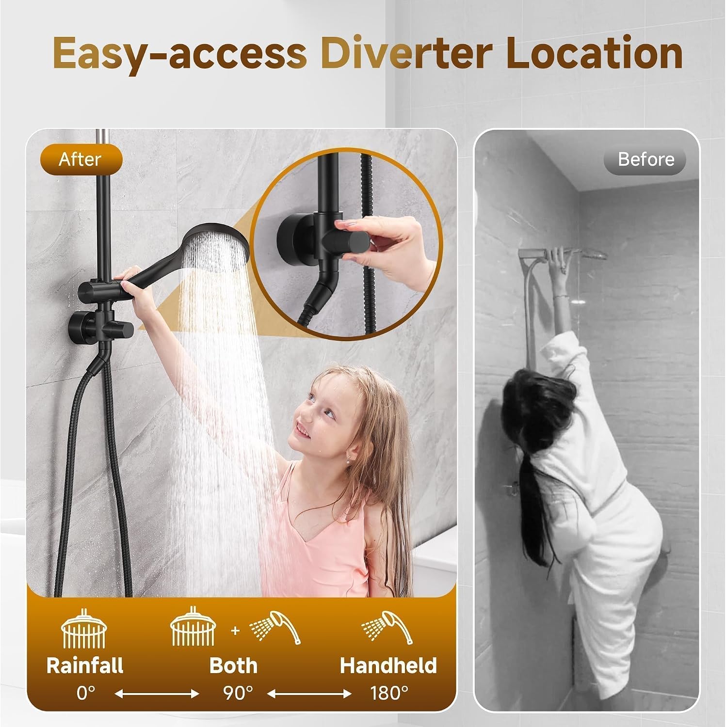 BRIGHT SHOWERS Rain Shower System Combo - 9 Inch Rainfall & Handheld Shower Heads with Power Wash, Solid Brass Rail, Height Adjustable Holder, 60 Inch Long Stainless Steel Hose, Matte Black