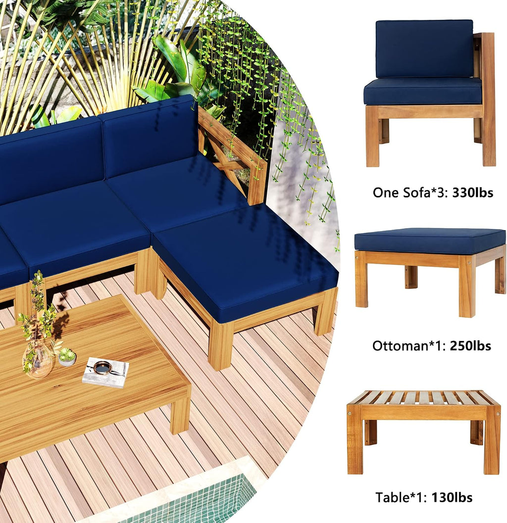 5-Piece Sectional Sofa Seating Group Set With Cushions,Outdoor Backyard Patio Wood Sectional Seating Group With Tea Table And Ottoman For Backyard,Garden,Poolside (Natural Finish+ Blue Cushions-01)
