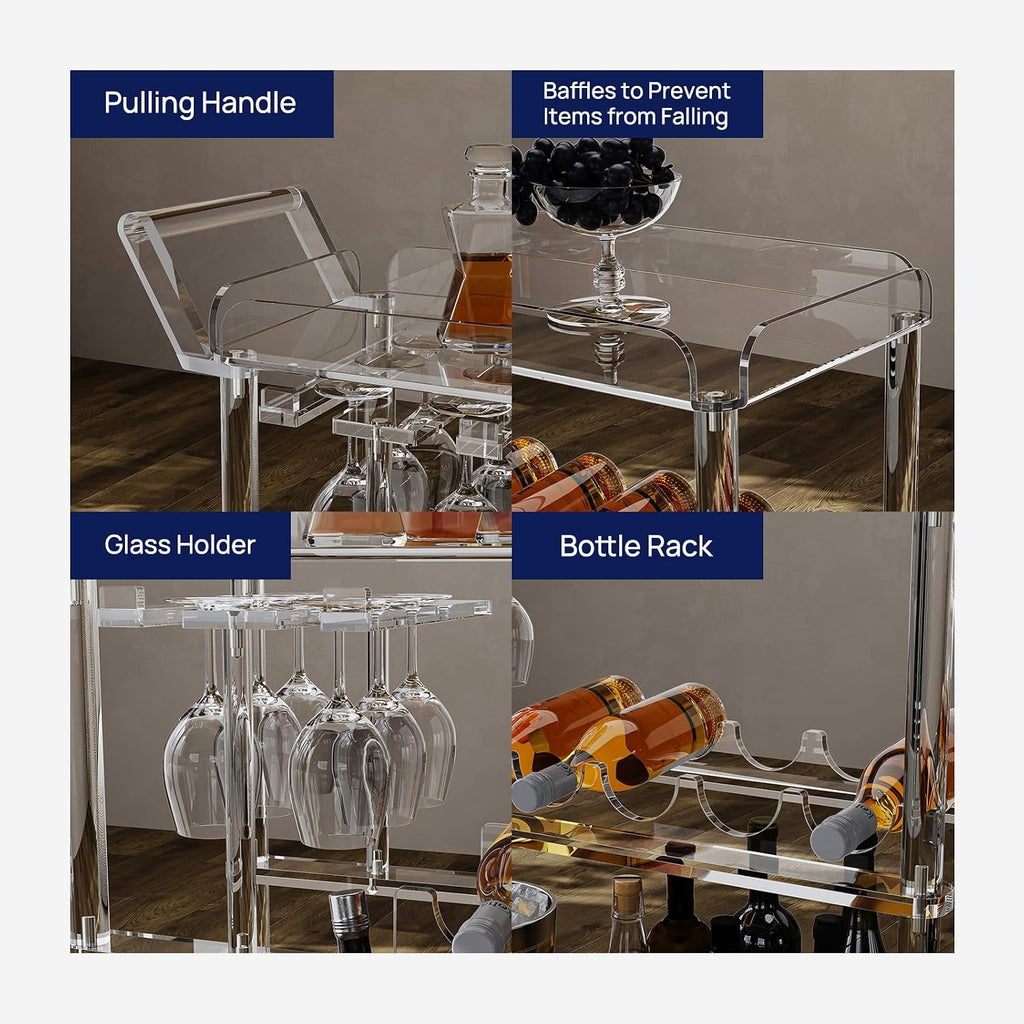 HMYHUM Acrylic Bar Cart with 4 Lockable Wheels, Clear Serving Cart with Wine Rack and Glass Holder, Rolling Beverage Cart for Home, Kitchen, Dinning Room, 33.7' L x 13' W x 34.8' H
