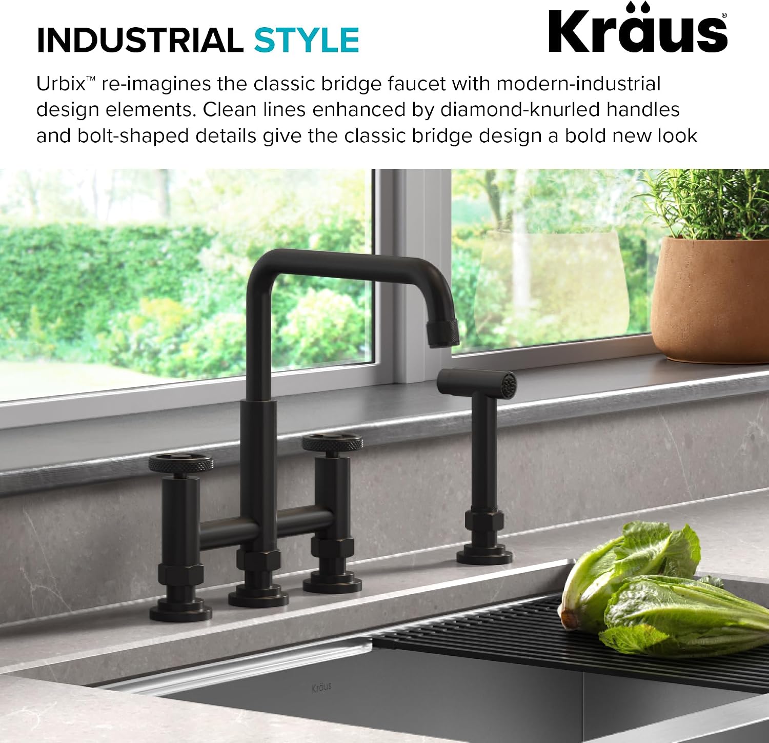 KRAUS Urbix Color-Changing Industrial Bridge Kitchen Faucet with Side Sprayer and ColorSmart Technology in Matte Black/Grey, KPF-3125MBGRCC