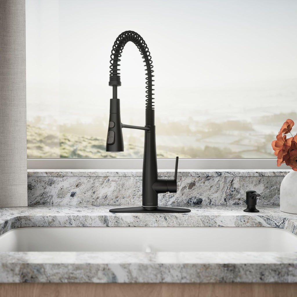 KOHLER K-REC22745-SD-BL Semi-Professional Kitchen Sink Faucets with Soap Dispenser, Commercial Kitchen Faucets with Pull Down Sprayer, Matte Black