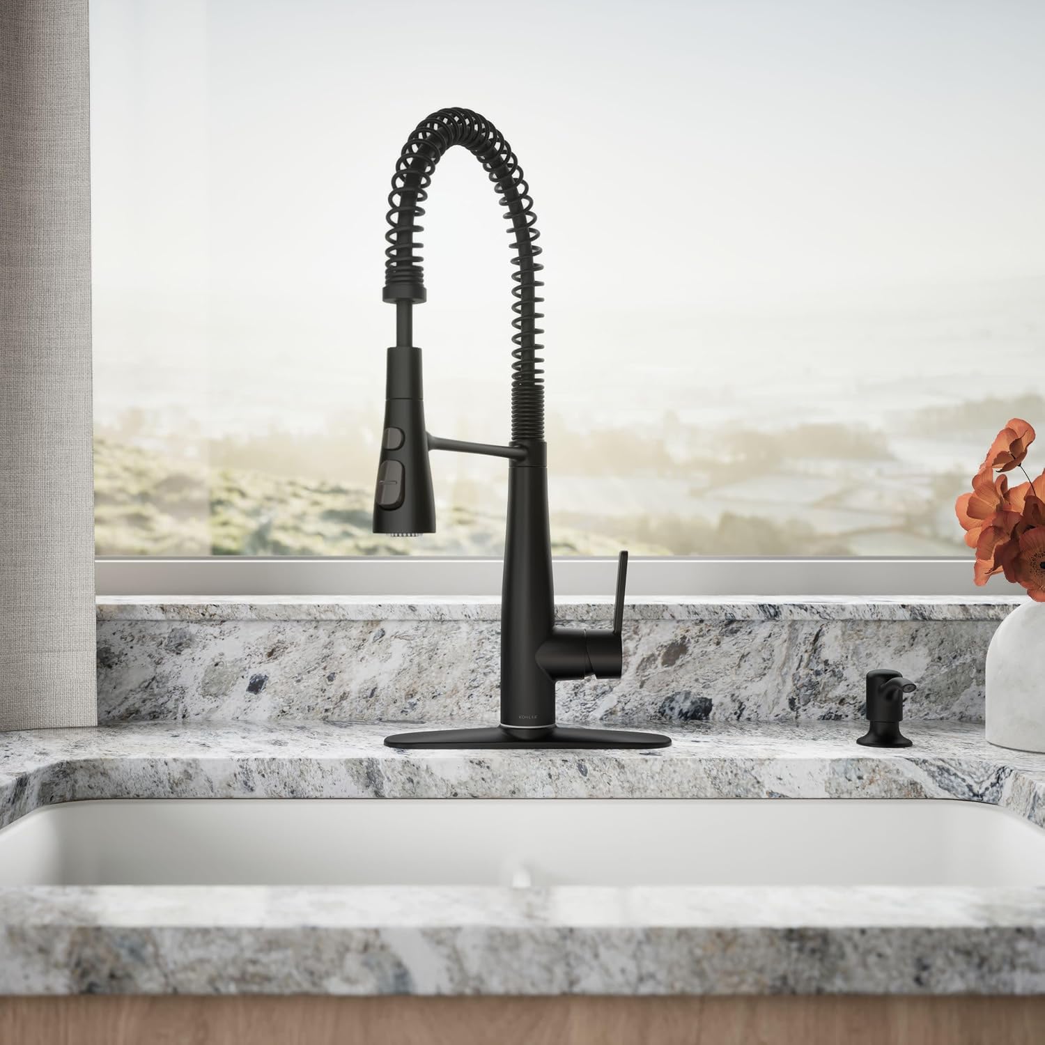 KOHLER K-REC22745-SD-BL Semi-Professional Kitchen Sink Faucets with Soap Dispenser, Commercial Kitchen Faucets with Pull Down Sprayer, Matte Black