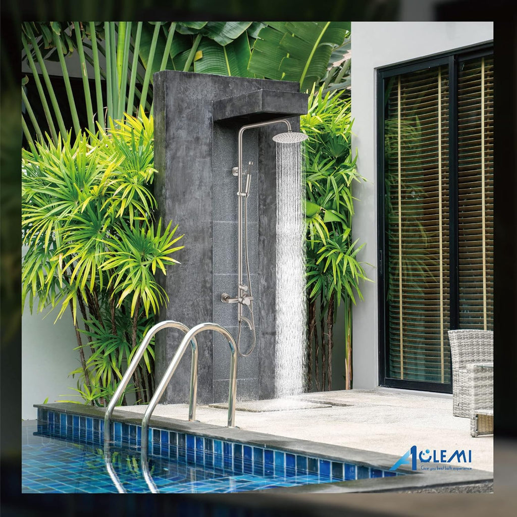 Aolemi Outdoor Shower Fixture SUS304 Triple Function Brushed Nickel Wall Mounted Stainless Steel Shower Faucet System Set with Hand Spray,8' Rain Shower Head