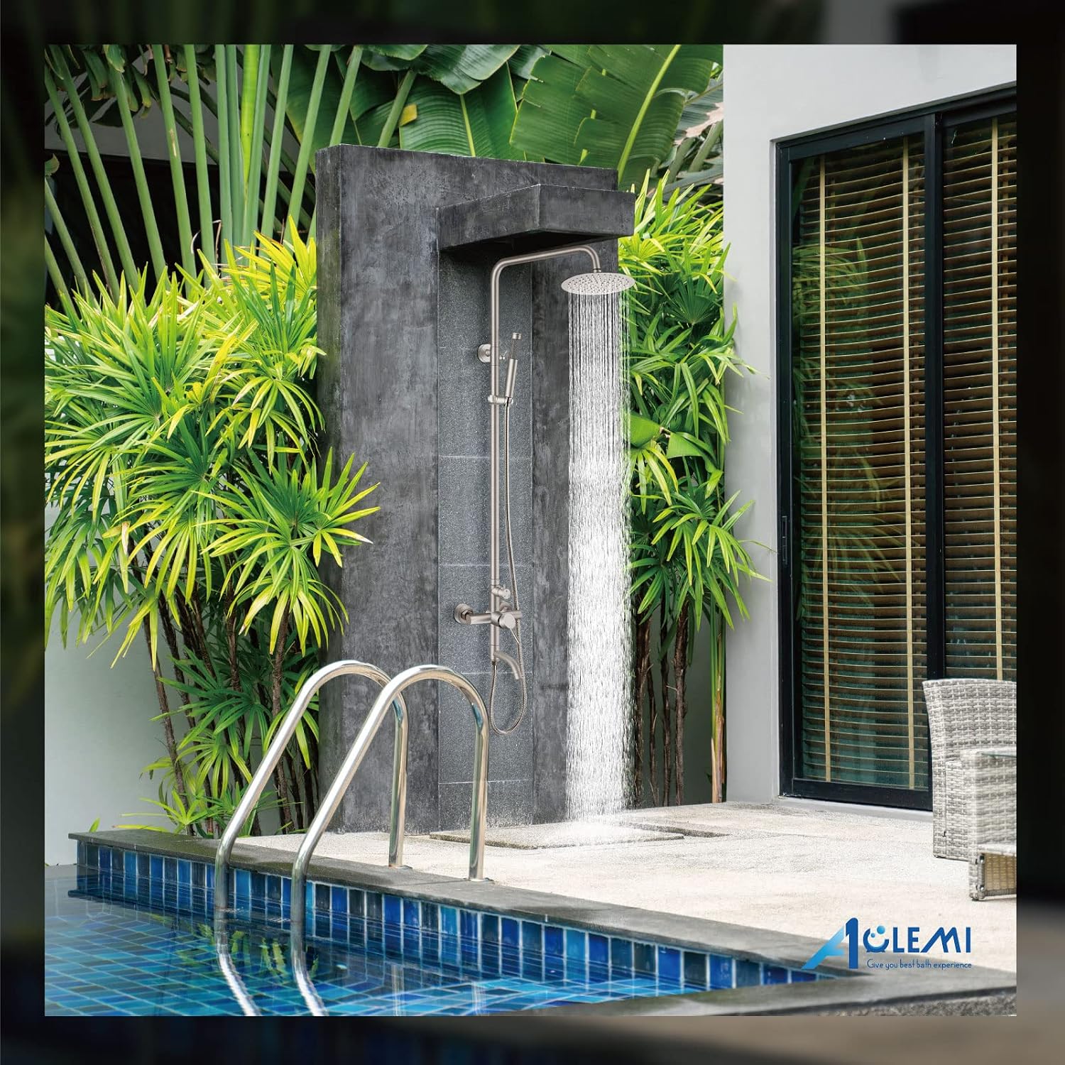 Aolemi Outdoor Shower Fixture SUS304 Triple Function Brushed Nickel Wall Mounted Stainless Steel Shower Faucet System Set with Hand Spray,8' Rain Shower Head