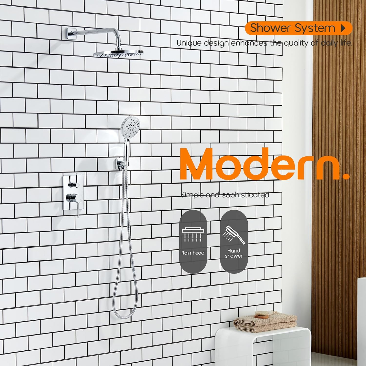 Shower System Set Includes 10-Inch Rainfall Shower Head, 3-Setting Handheld Spray and Pressure Balance Valve, Polished Chrome Wall Mounted SF001CH-D10