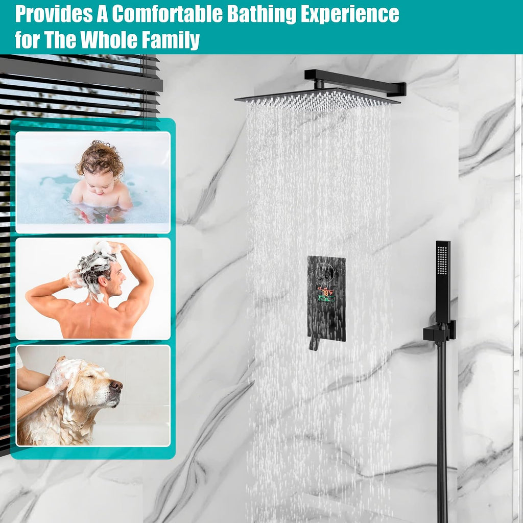 SKOWLL Matte Black Shower Faucet Set Modern Shower Temperature Digital Display, Black Bathroom Faucets Shower System, 12 Inch Shower Head and Faucet Set