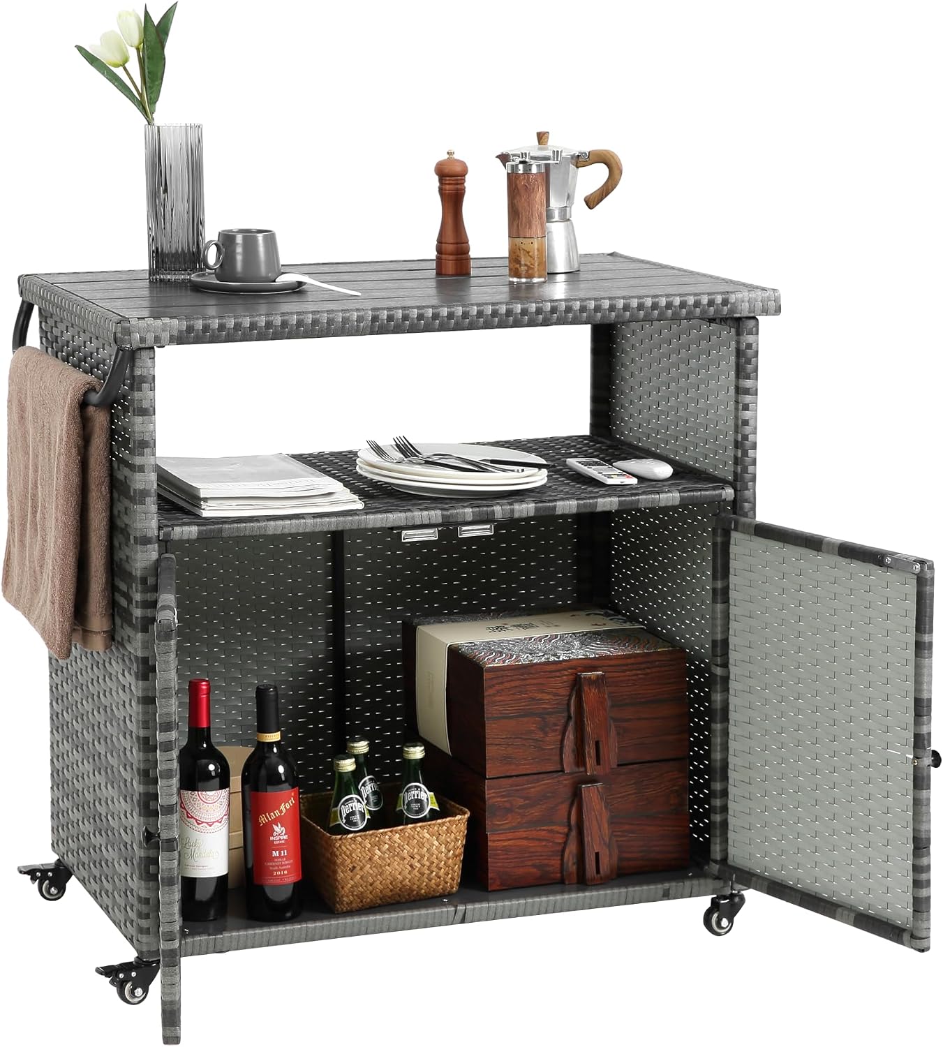 Outdoor Wicker Bar Cart with Wheels, Outdoor Rolling Kitchen Island Grill Cart with Storage Cabinet, Outside Portable Bar Table for Events, Patio, Porch, Backyard, Garden, Poolside, Aqua Grey