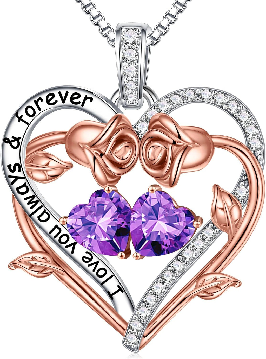 Iefil Rose Heart Double Birthstone Necklace Gifts for Wife Girlfriend Her Women, Birthstone Jewelry Gemstone Birthday Gifts for Mom Grandma Her Wife Women