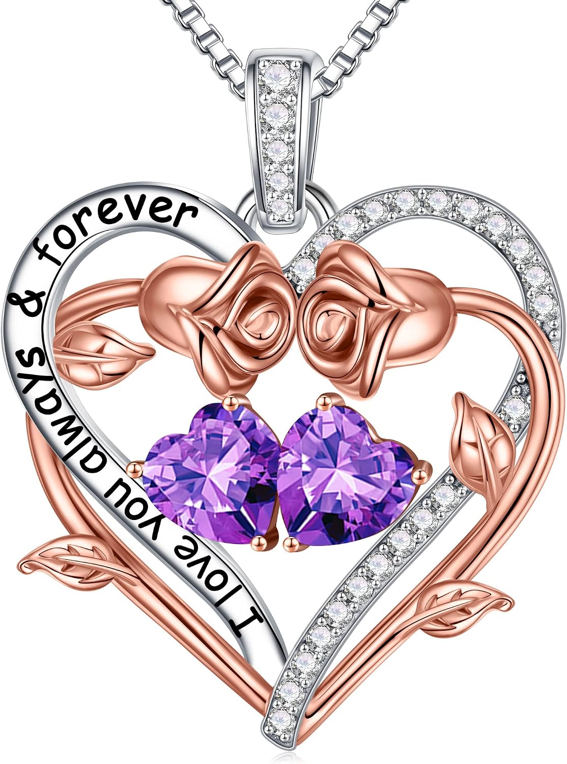 Iefil Rose Heart Double Birthstone Necklace Gifts for Wife Girlfriend Her Women, Birthstone Jewelry Gemstone Birthday Gifts for Mom Grandma Her Wife Women