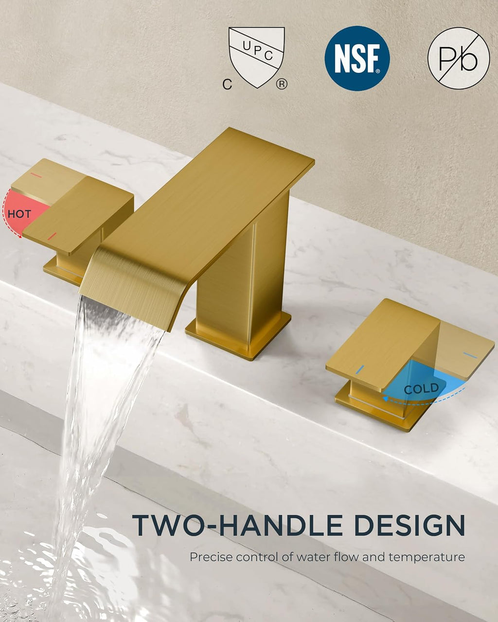 FORIOUS Brushed Gold Bathroom Sink Faucets 3 Hole Widespread, 2 Handles Bathroom Faucet with Pop-up Drain and Flexible Hot and Cold Water Hoses, Suitable for Vanity RV Restroom, 2 Pack