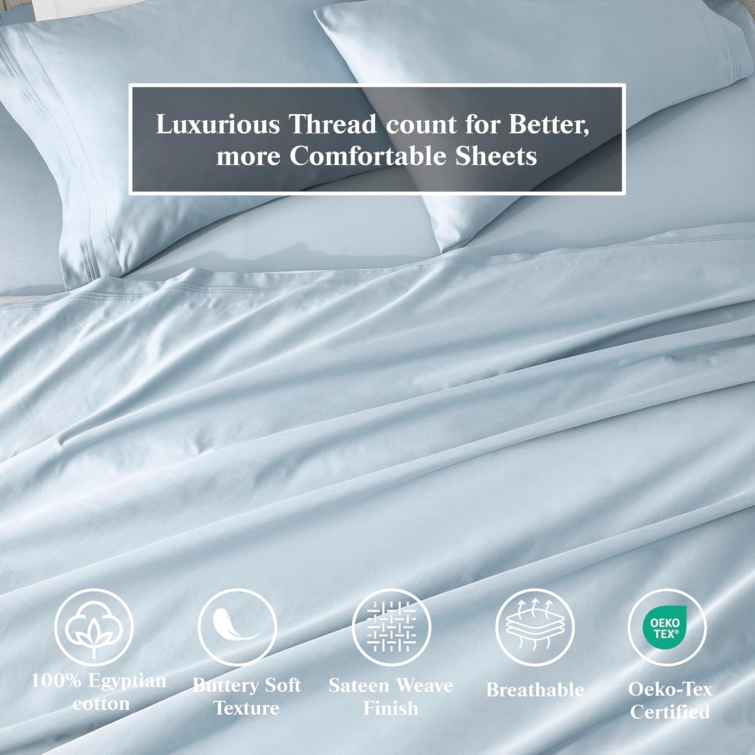 Superior Egyptian Cotton 5 Piece Sheet Set, 650 Thread Count, Eco-Friendly, Sustainable Sheets, Ultra-Soft Basics, Solid, Deep Pocket Fitted Sheets, Flat Sheet, Pillowcases, Split King, Baby Blue