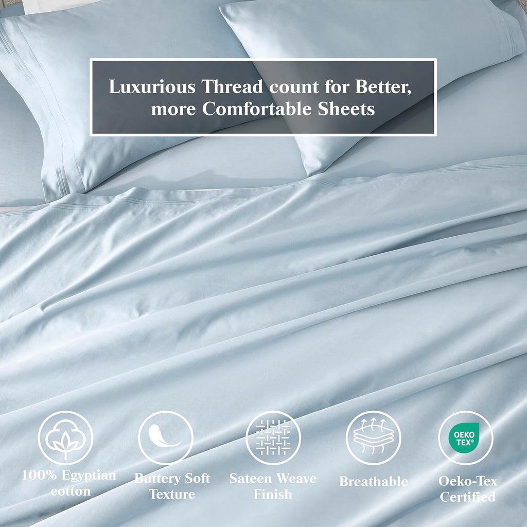Superior Egyptian Cotton 4 Piece Sheet Set, 650 Thread Count, Eco-Friendly, Sustainable Sheets, Ultra-Soft Basics, Solid, Deep Pocket Fitted Sheet, Flat Sheet, Pillowcases, California King, Baby Blue