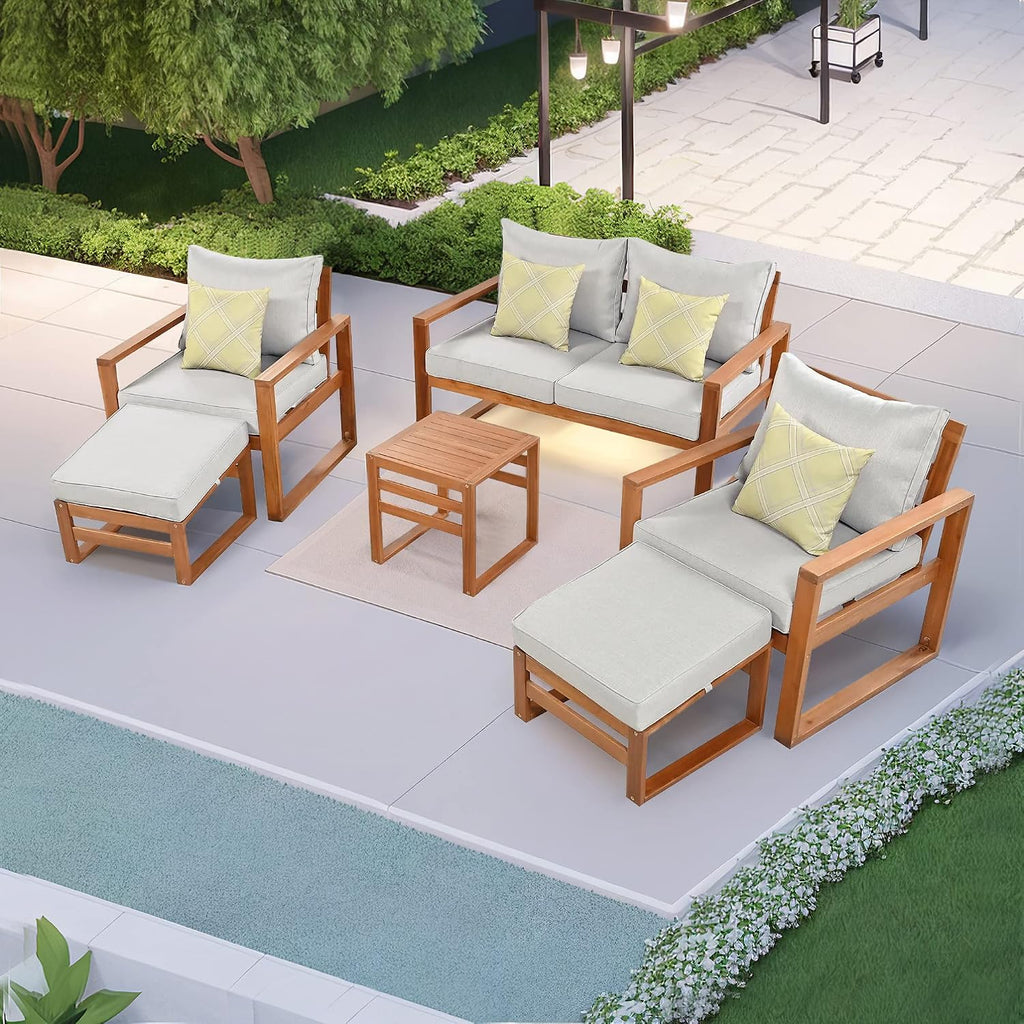 Outdoor Acacia Wood 6-Piece Conversation, Sectional Garden Seating Groups Chat Set, with Ottomans and Cushions, 4 Throw Pillows, for Balcony Backyard Porch (Grey-0H)