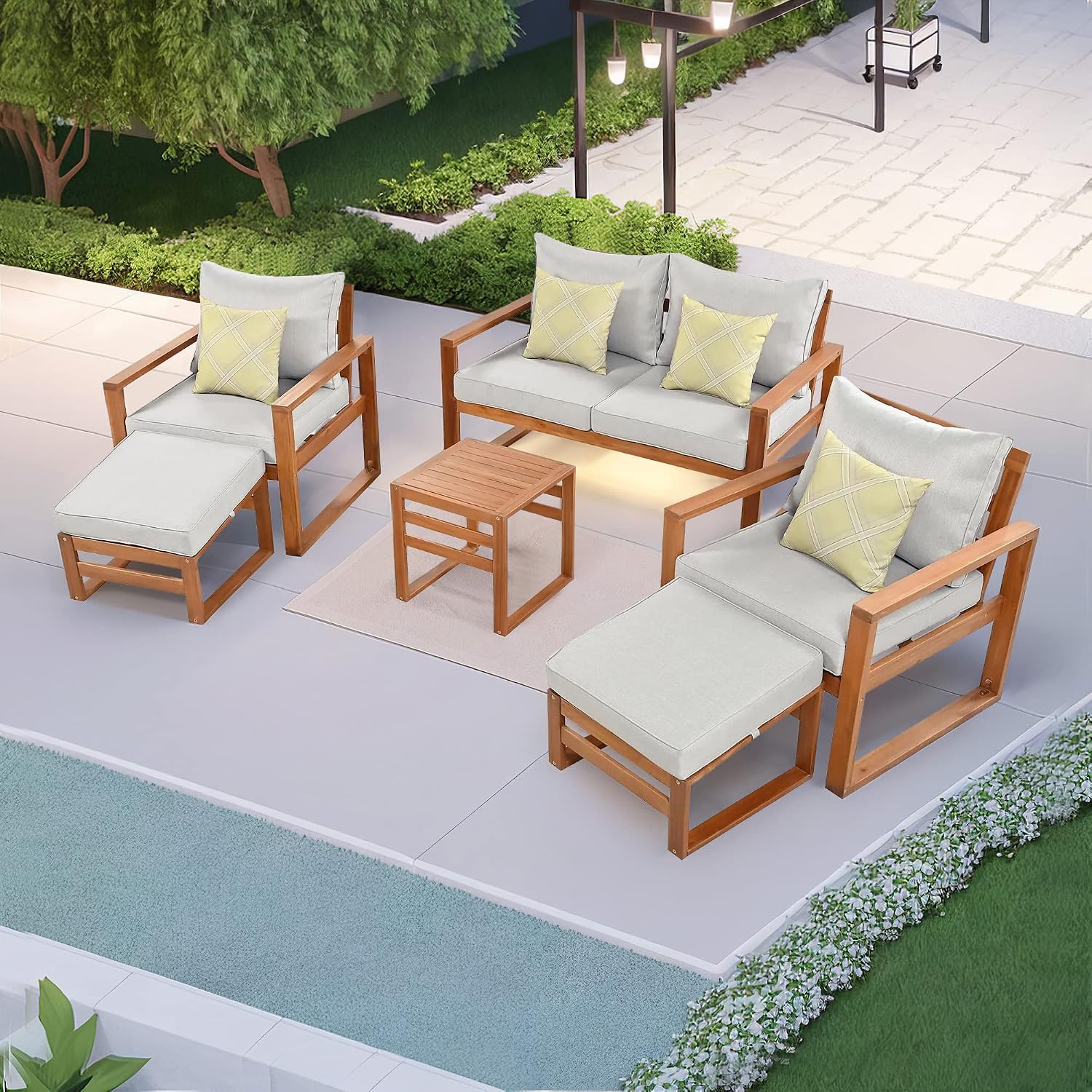 Outdoor Acacia Wood 6-Piece Conversation, Sectional Garden Seating Groups Chat Set, with Ottomans and Cushions, 4 Throw Pillows, for Balcony Backyard Porch (Grey-0H)