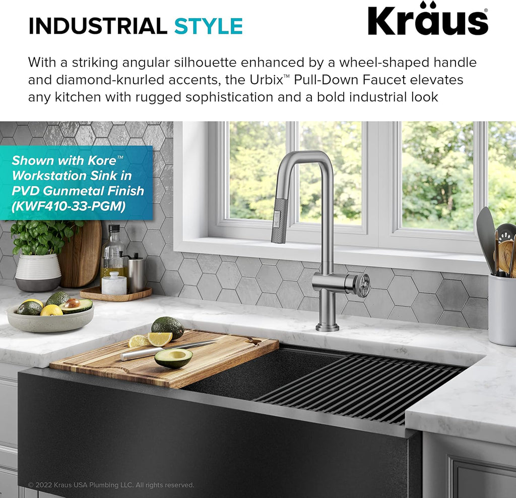 KRAUS Urbix Industrial Pull-Down Single Handle Kitchen Faucet in Spot-Free Stainless Steel, KPF-3126SFS