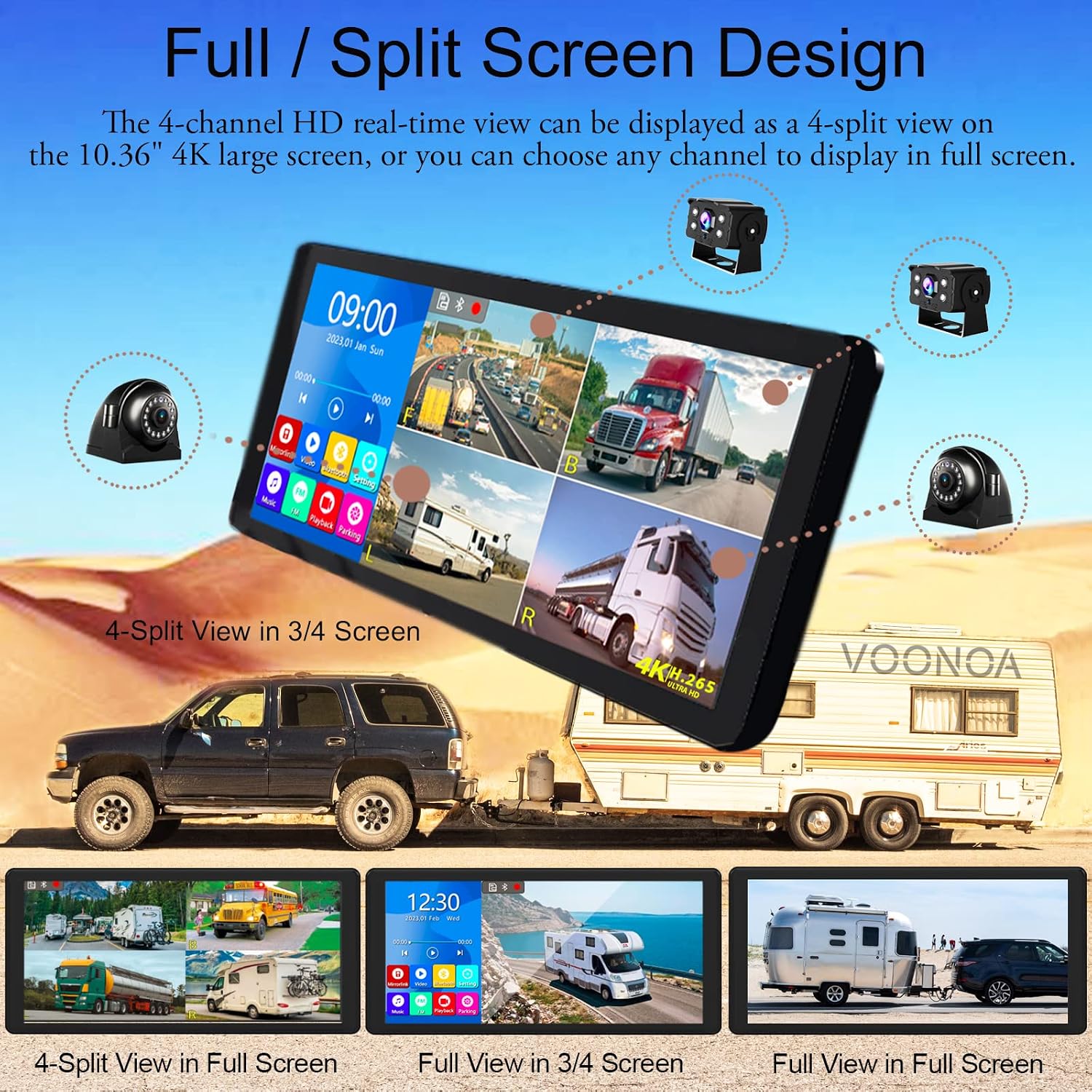 4K RV Backup Camera System 10.36' Quad Split Touch Screen Monitor with 4 1080P Rear Side View Camera, DVR Recording Bluetooth MP3 MP5 IP69 Waterproof Night Vision for RV Truck Trailer Tractor