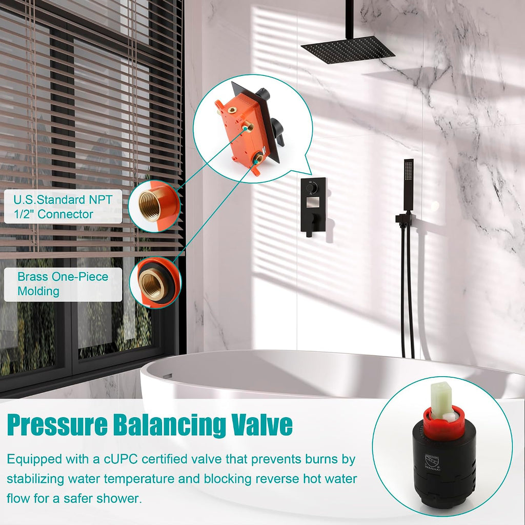 SKOWLL Shower Faucet Set Digital Display, 12 Inch Ceiling Mount Rainfall Shower Head with Handheld Combo, Matte Black Shower Head and Handle Set with Valve