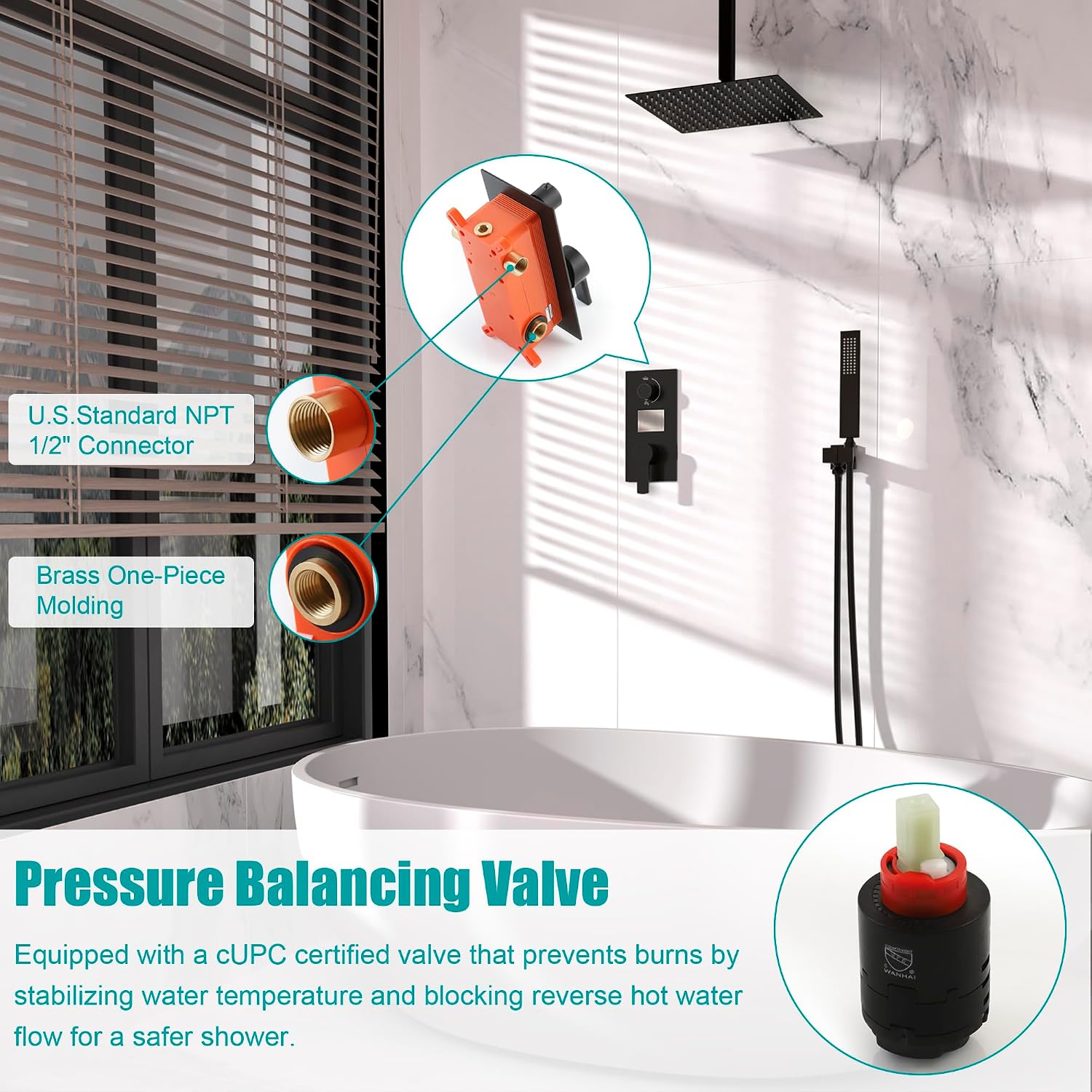 SKOWLL Shower Faucet Set Digital Display, 12 Inch Ceiling Mount Rainfall Shower Head with Handheld Combo, Matte Black Shower Head and Handle Set with Valve