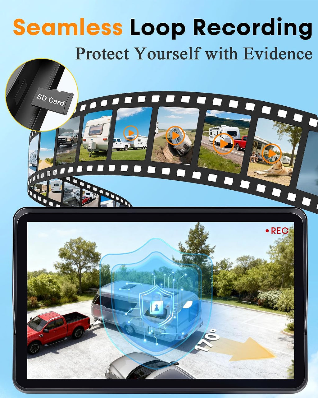 Pemacom Wireless Backup Camera for Towable-RV: 1-Second Magnetic No Wiring Long Distance Signal for Thor/Forest River Series RVs - 7.3' Recording Monitor HD 1080P Auto Sleep Solar RV Backup Camera
