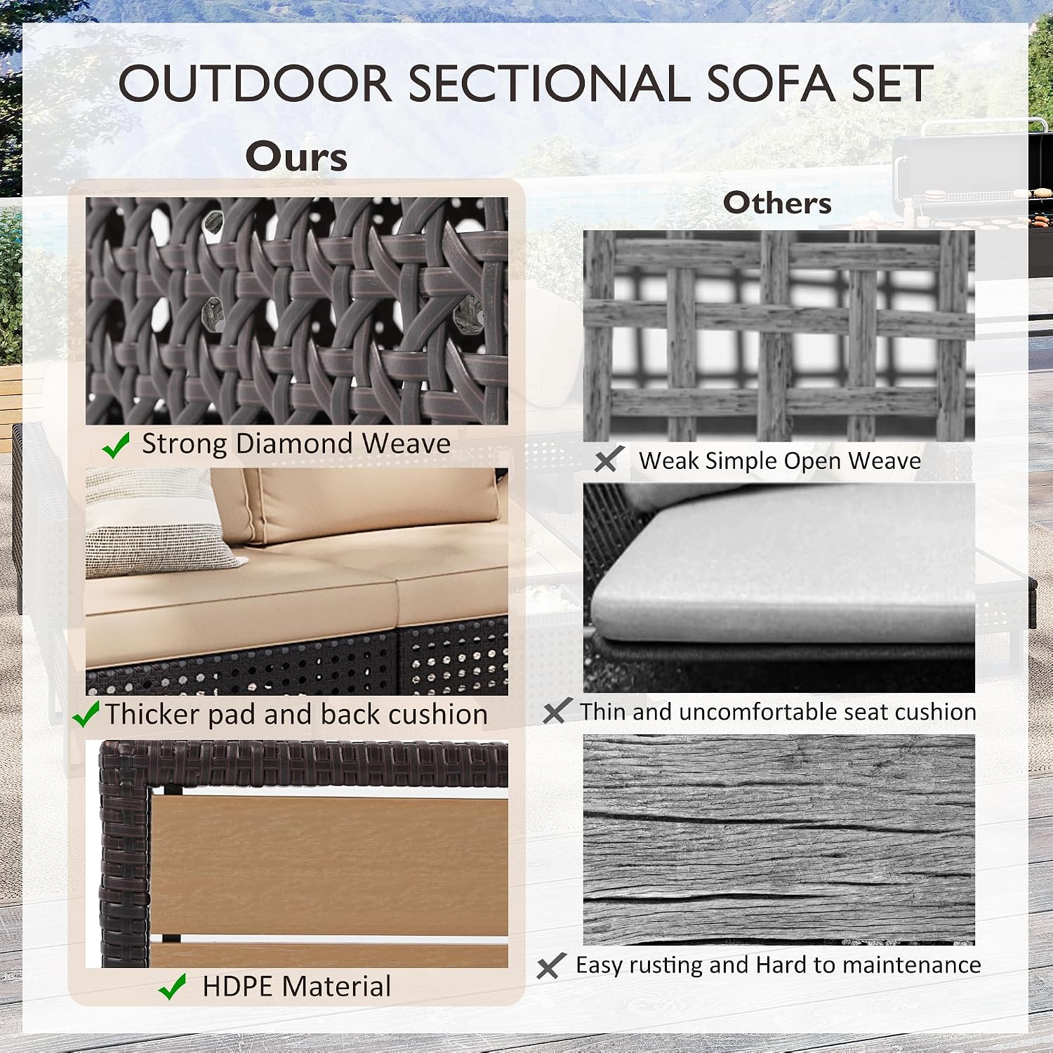 Boho Patio Furniture Set with Small Outdoor Table, Patio Bar Set w/Sillas para Balcon, Sillas para Patio Exterior, Adjustable Backrest, Ice Bucket Table, All-Weather Wicker (Khaki+Brown)