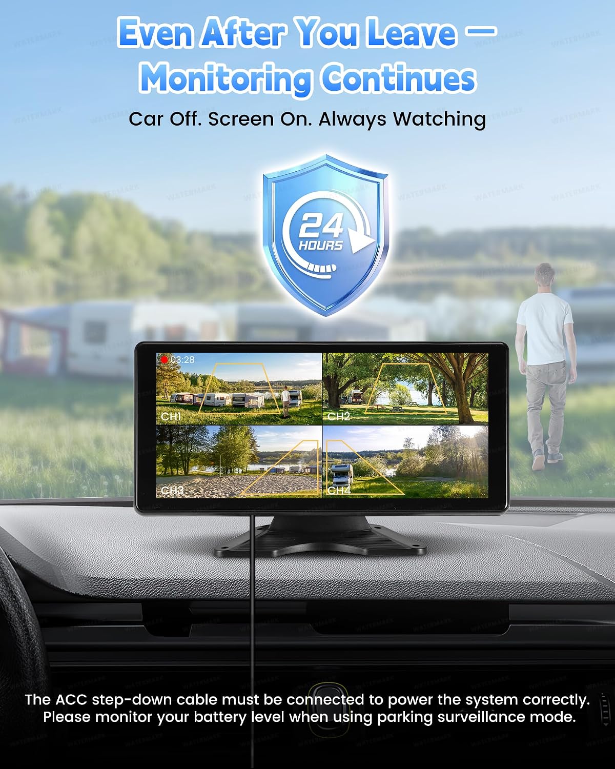 RV Camera System with CarPlay Android Auto 10.36 Inch Touch Monitor | 4 1080P wired IP69 backup cameras, BSD blind spot alert, 24H parking monitor, DVR recording, for semi truck trailer RV camper