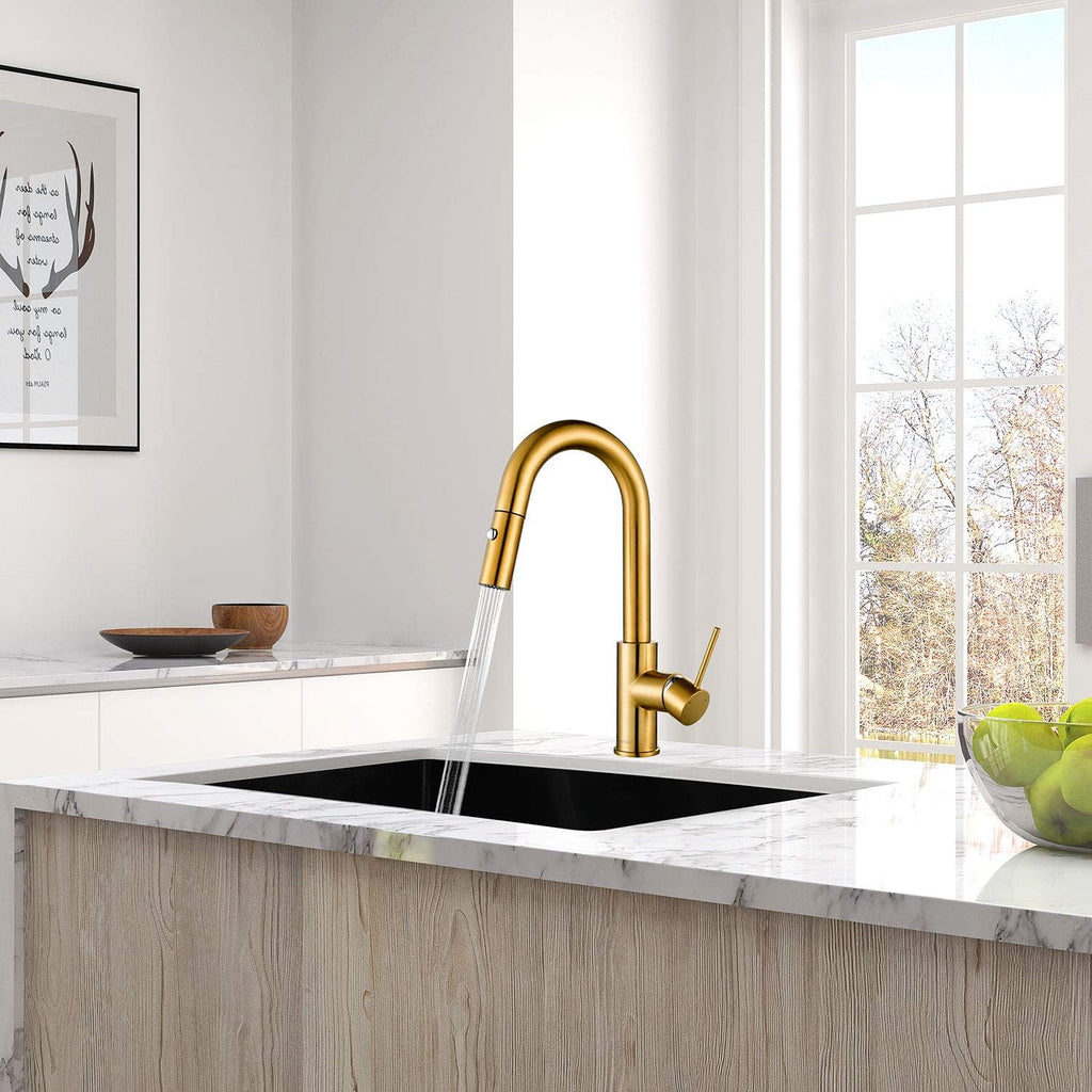 AguaStella AS59BG Brushed Gold Brightly Bar Faucet or Prep Kitchen Sink Faucet with Pull Down Sprayer and Single Handle