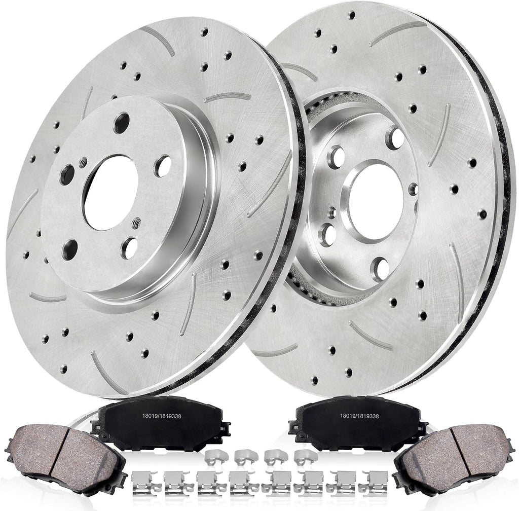 Front Drilled and Slotted Brake Pads and Rotors Kit Ceramic Automotive Replacement Brake Kits Vented 10.83 Inch Compatible for Toyota Corolla Matrix 2008-2019 (18 Pcs)