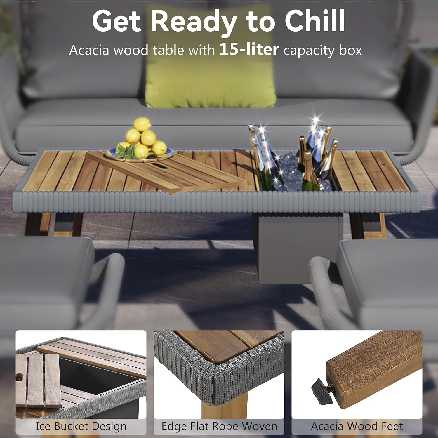6-Piece Rope Patio Furniture Set, Outdoor Furniture with Acacia Wood Cool Bar Table with Ice Bucket, Deep Seat Patio Conversation Set with Two Stools for Backyard Porch Balcony (Grey-001)