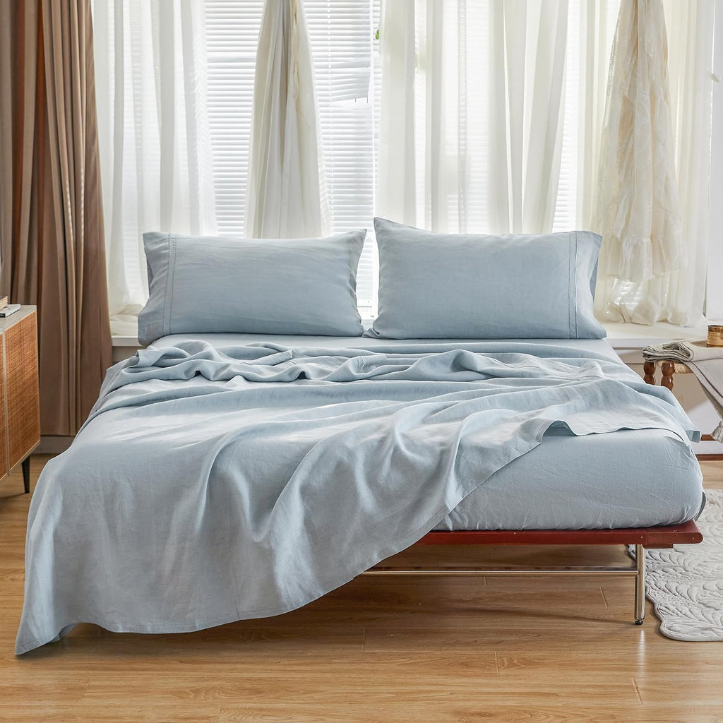 Simple&Opulence 100% French Linen Sheet Set Breathable Durable for Hot Sleepers Bedding 4 Pcs-1 Flat Sheet,1 Fitted Sheet,2 Pillowcases with Hemstitch Lace Embroidery Luxury Design (Dusty Blue, Queen)