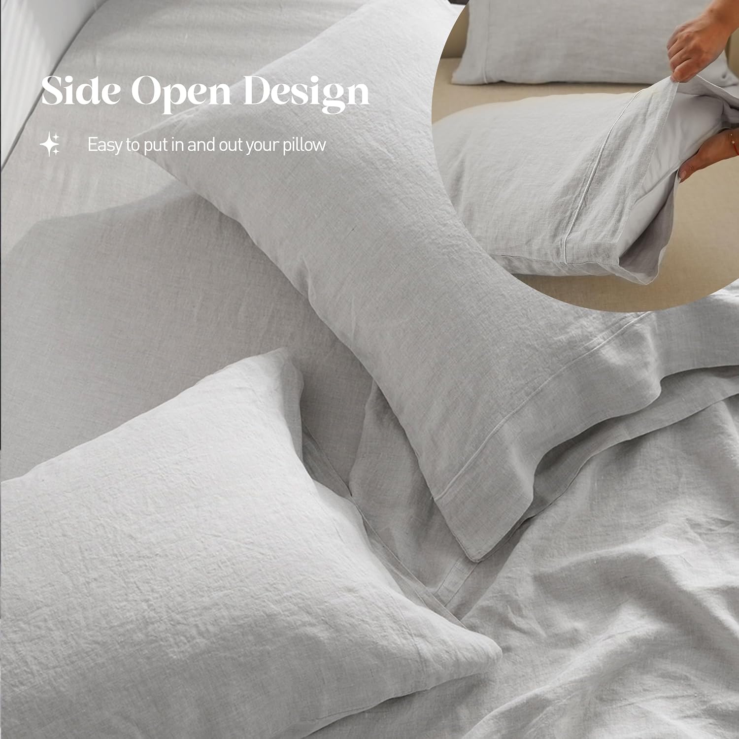 Simple&Opulence 100% Pure Linen Sheet Set Queen Size, Natural French Flax Solid Color 4 Pcs Washed Breathable, Farmhouse Bedding (1 Flat Sheet,1 Fitted Sheet,2 Pillowcases)-Embroidery Grey