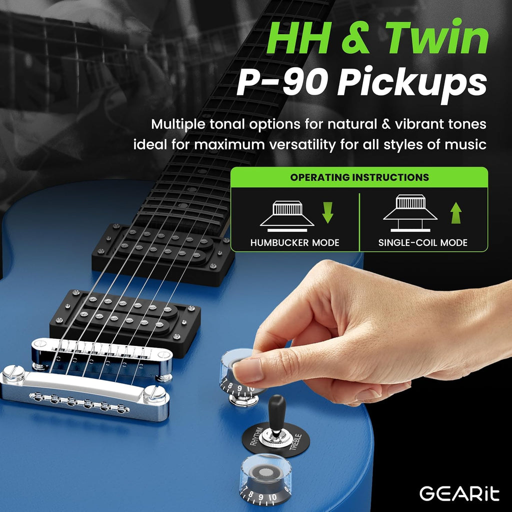 GEARit Electric Guitar 39' Full Size Beginner Electric Guitar Kit with Amp, Dual Humbucker Pickups with Coil Split, 10W Bluetooth Amplifier, Gig Bag, Tuner, Strap, Picks & Extra Strings(Blue)