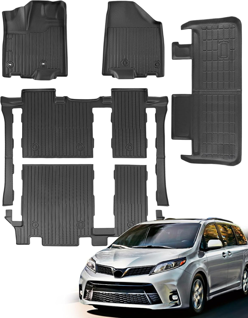 for Toyota Sienna 2020-2013 8 Seater Floor Mats Cargo Liner Trunk Carpet All Weather Heavy Duty TPE Waterproof Anti-Slip Tech Mats for Toyota Sienna 2014 2015 2016 2017 2018 2019 Accessories