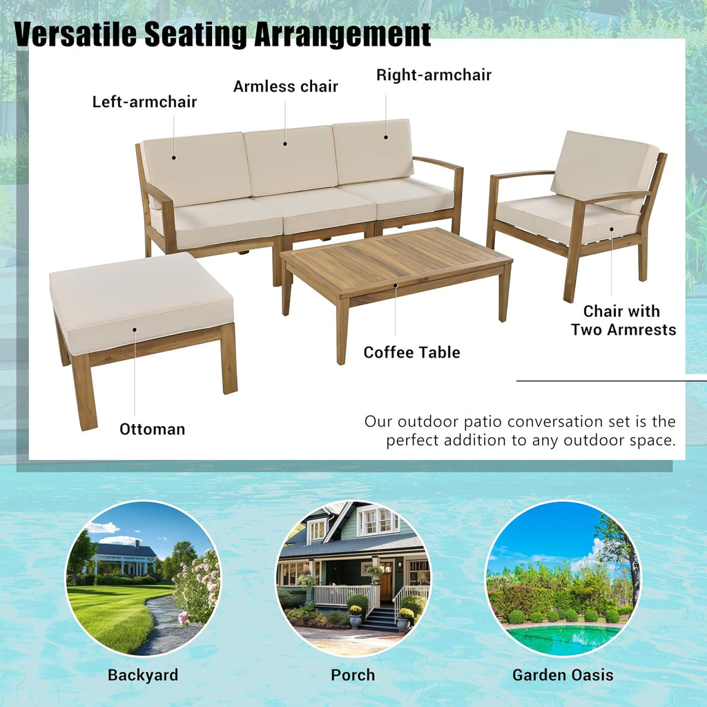 6-Piece Outdoor Patio Conversation Furniture Set, Acacia Wood Sectional Sofa Set with Coffee Table and Removable Cushion for Garden Backyard and Poolside (Beige-CC)