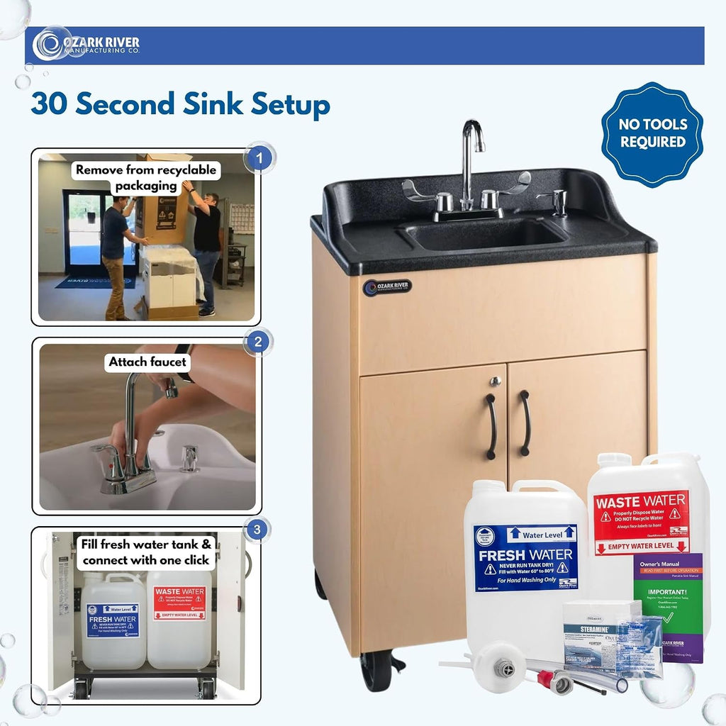 Ozark River Portable Sinks Premier Maple & Clean Start Kit Bundle, Maple Laminate-ABS, Portable Sink with Hot Water, Self-Contained Sink, Portable Hand Washing Station, 110V