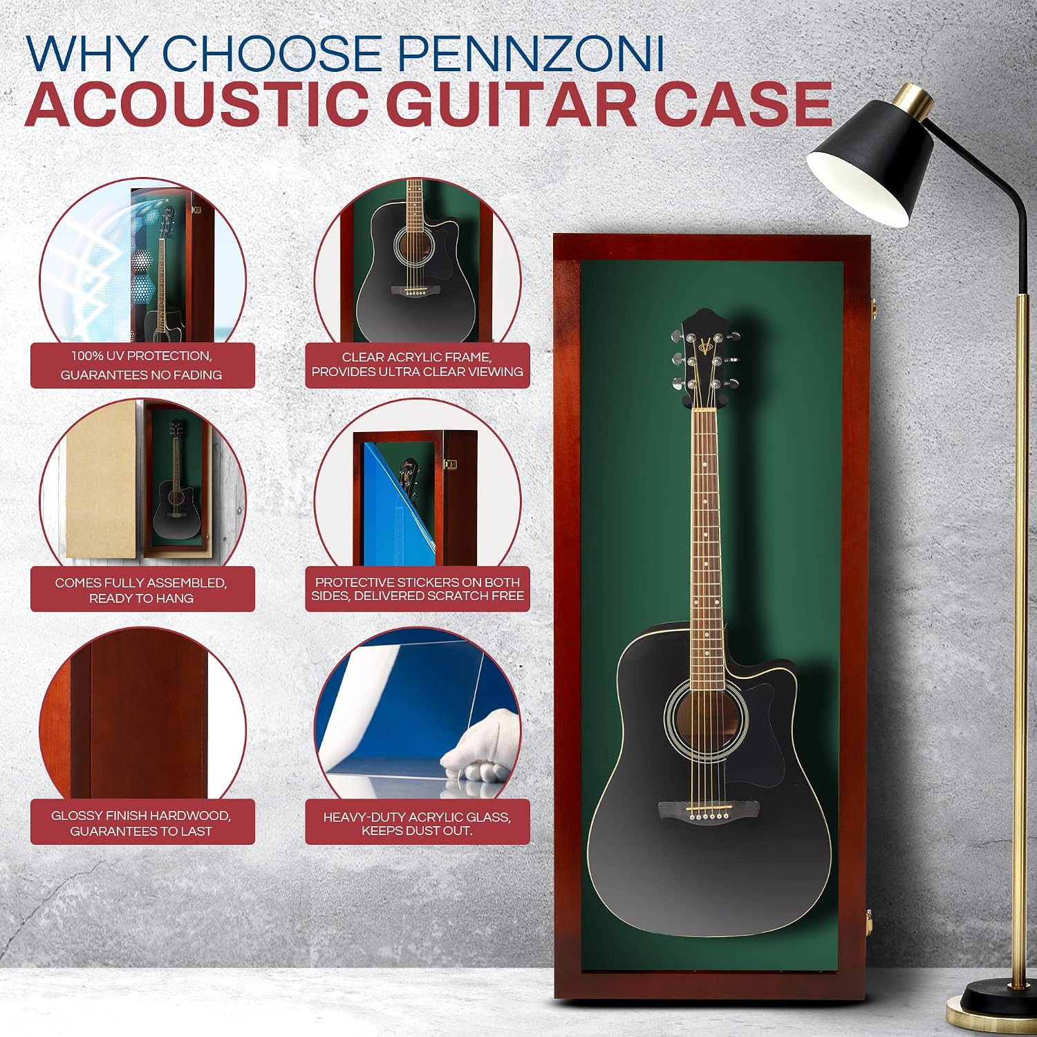PENNZONI Acoustic Guitar Display Case - Acrylic Acoustic Guitar Case - Guitar Display Case Wall Mount Made from Hardwood Frame & Clear Acrylic - Cherry w/ Felt Green