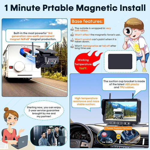 1080P HD Wireless Backup Camera: 1-Min Magnetic Easy Install No Wiring 7' Anti-Glare Monitor with Clear Night Vision - 24H Long Life Solar Scratch-Proof Rear View Camera for Truck Trailer SUV Small RV