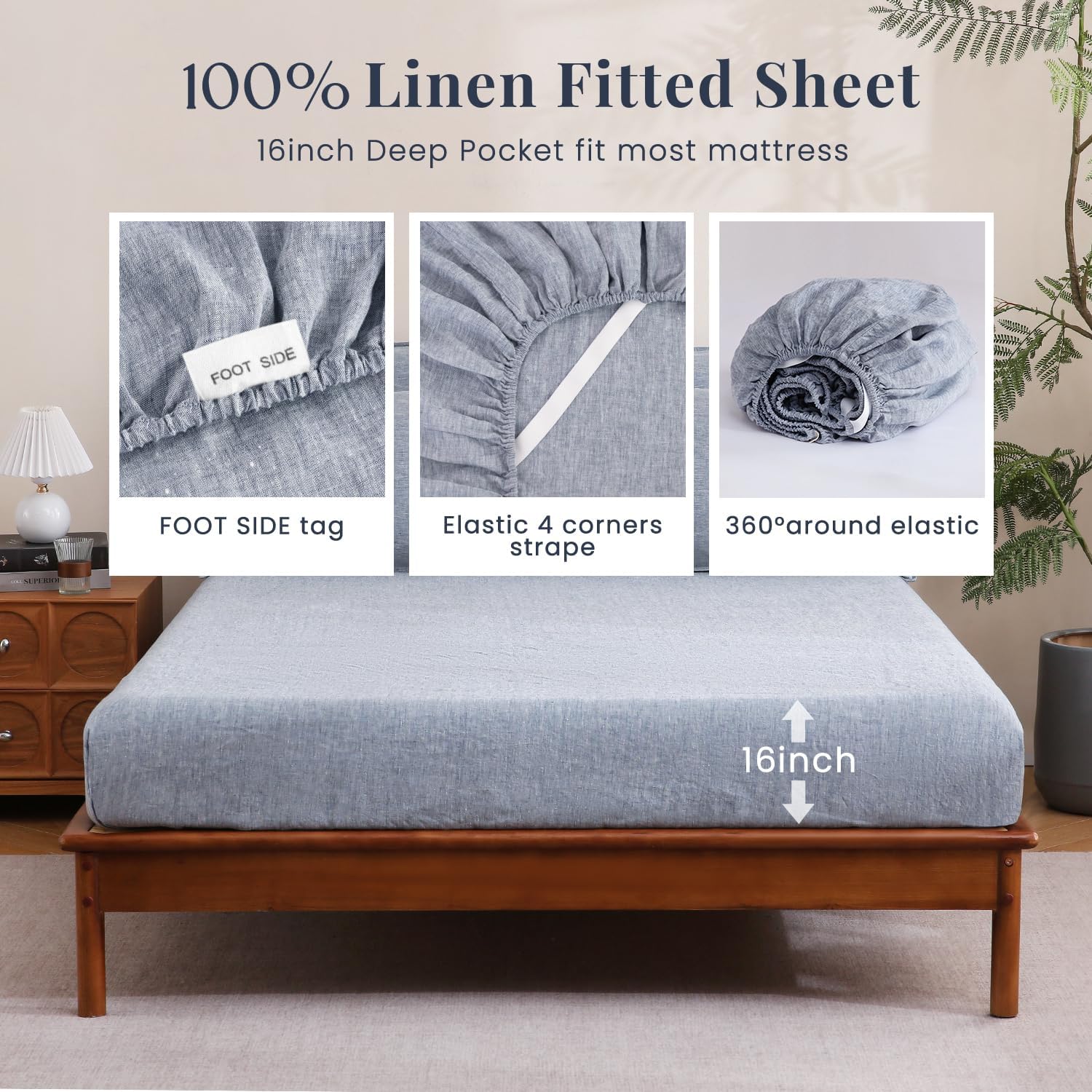 S VICTORY SYMBOL 100% Organic Linen Chambray Sheets Set King Size,Washed French Flax Bed Sheets 4 Pieces(2 Pillowcases,1 Fitted Sheet,1 Flat Sheet) 16inch Deep Pockt,Yarn Dyed Blue Denim