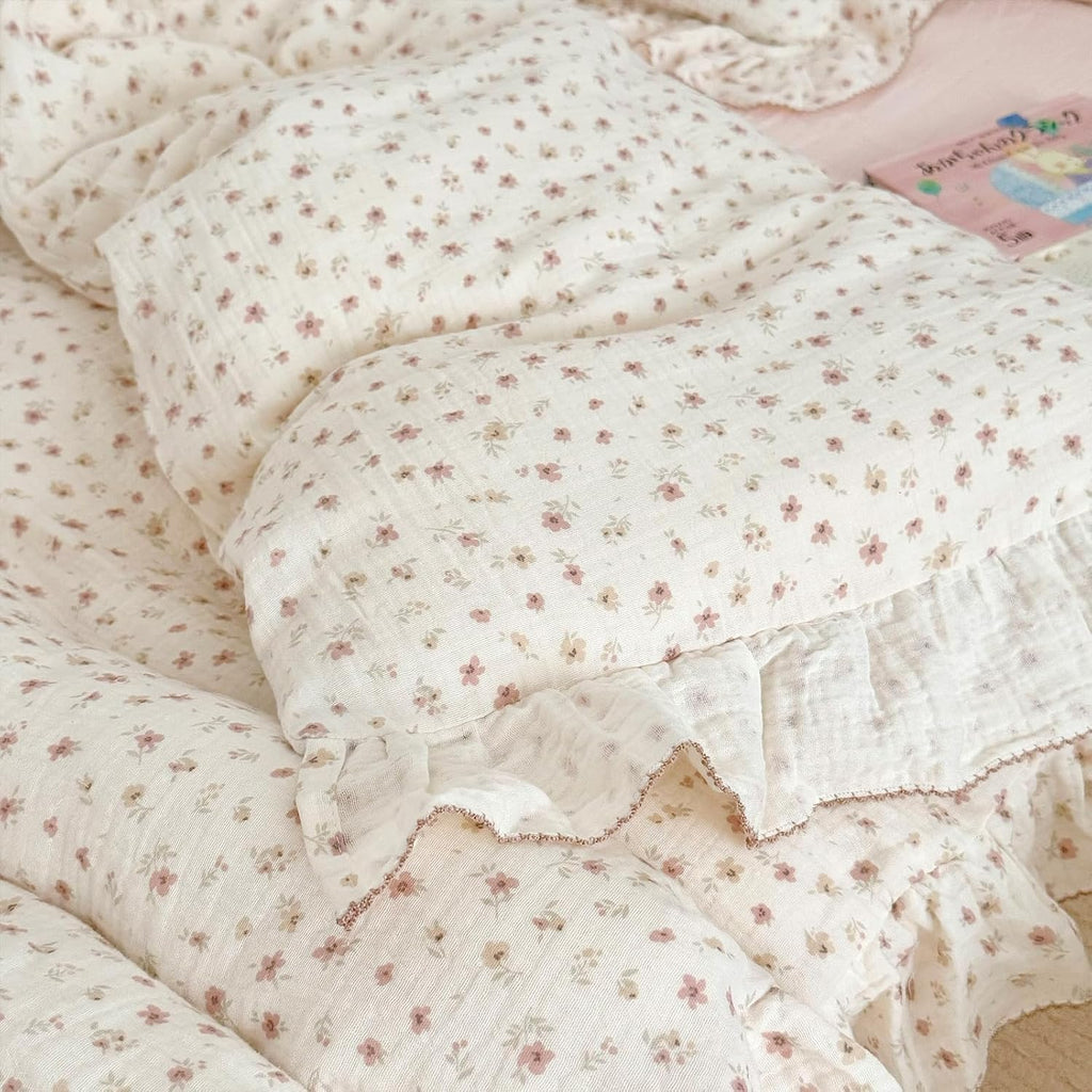 BuLuTu Pink Floral Duvet Cover King with Ruffles, 2-Layer Cotton Muslin Bedding Set Soft Breathable Comforter Cover, Shabby Chic Princess Quilt Cover with 2 Pillowcases
