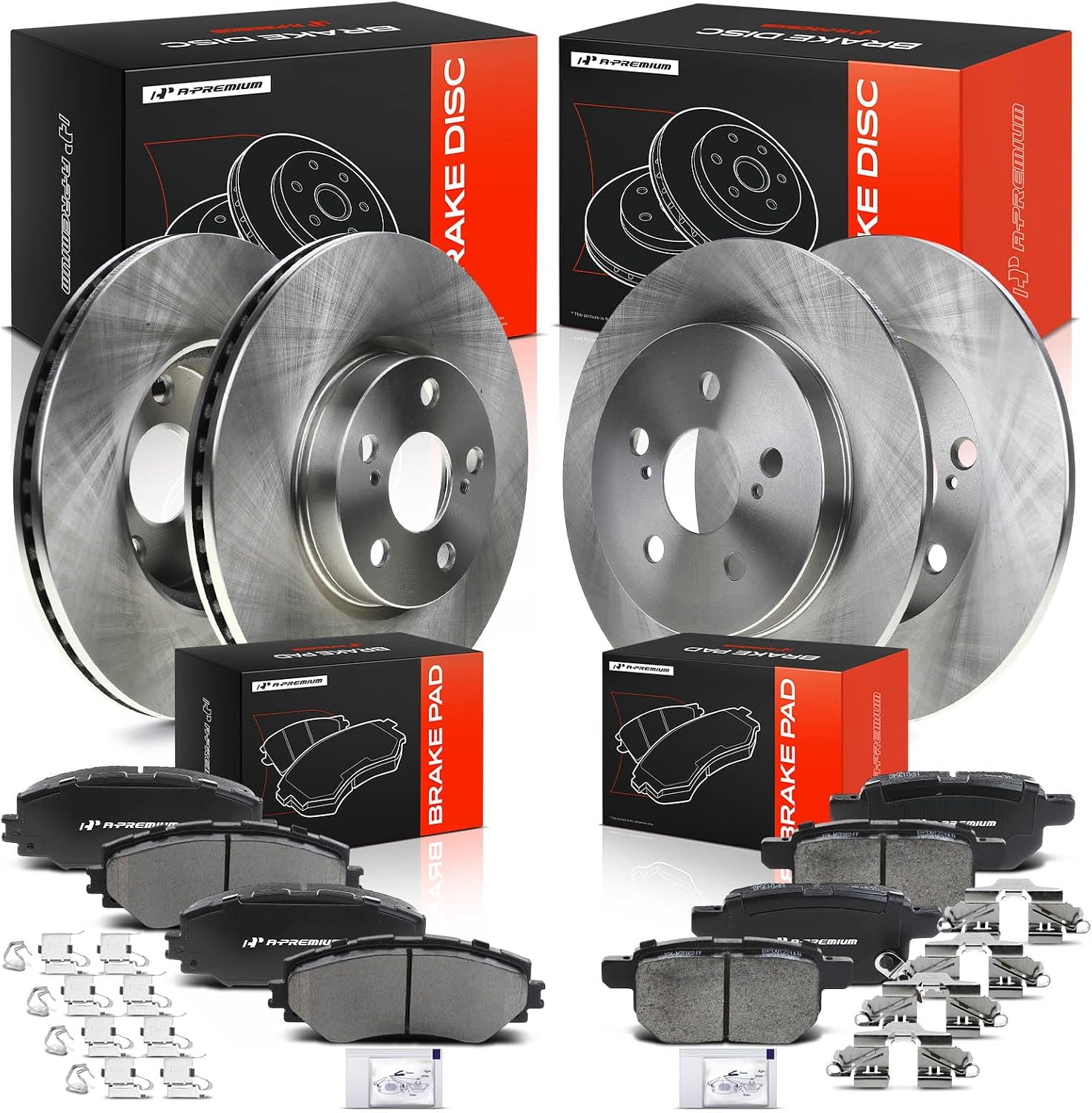 A-Premium Front Vented & Rear Solid Disc Brake Rotors + Ceramic Pads Kit Compatible with Select Pontiac and Toyota Models - Vibe 2009-2010, Corolla 2009-2019, Matrix 2009-2014, 12-PC Set
