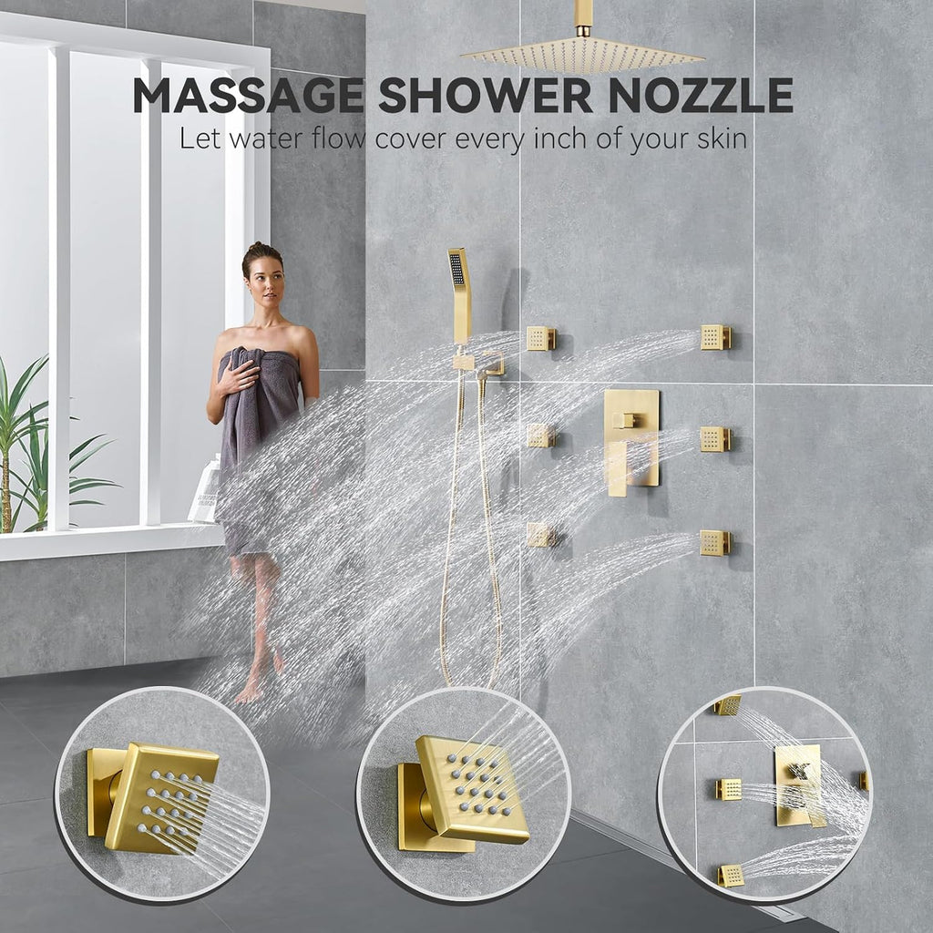 Rain Shower System With Complete 6 Pcs Body Sprays Jets And Pressured Balance Rough-in Valve,12Inch Rainfall Shower Head And Handheld, Modern Brushed Gold Ceiling Mount Shower Faucets Sets