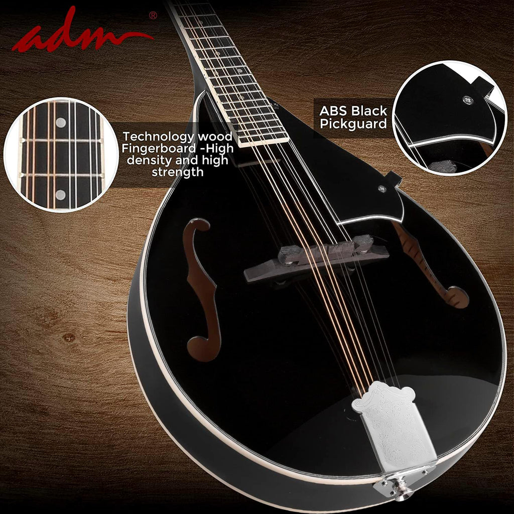 ADM Acoustic Mandolin Instrument Kit Music A Style for Kids Students Adults Wood Mandolins Beginner Set With Bag, Tuner, Pick-up, Strap, Strings, Picks and Hanger, Drak Black