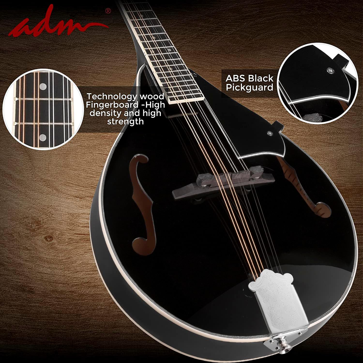 ADM Acoustic Mandolin Instrument Kit Music A Style for Kids Students Adults Wood Mandolins Beginner Set With Bag, Tuner, Pick-up, Strap, Strings, Picks and Hanger, Drak Black